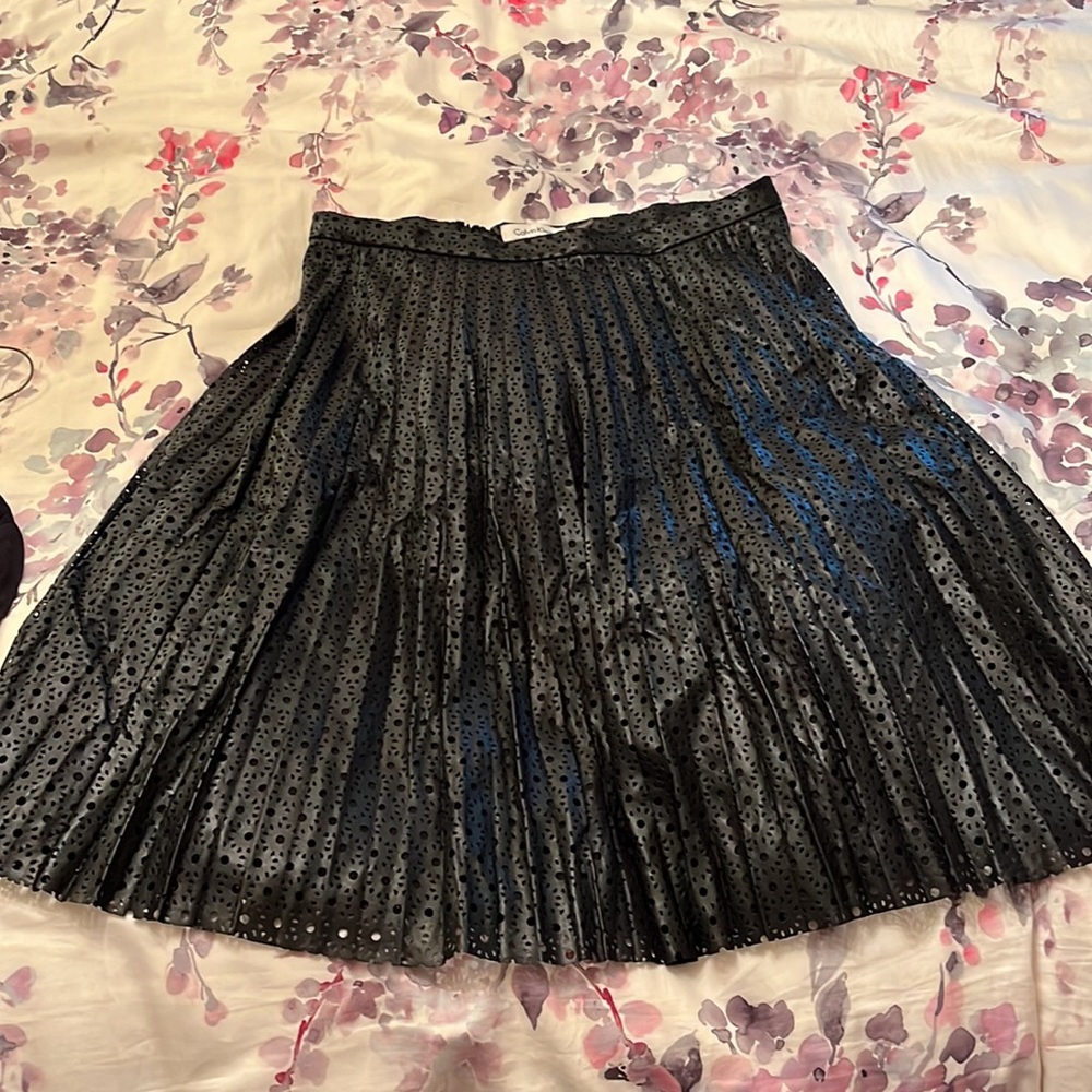 Trendy Calvin Klein black vegan leather pleated a-line skirt